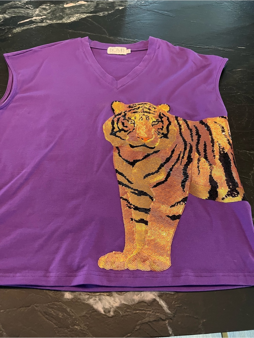 Purple V-Neck Tee with Gold Tiger Sequin Appliqué